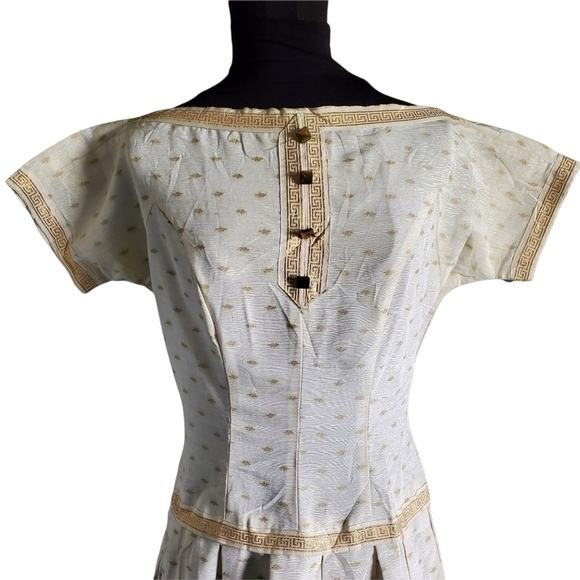 Vintage Handmade 50s Cream & Gold Greek Key Reverse Pleated Day Dress - Picture 4 of 10